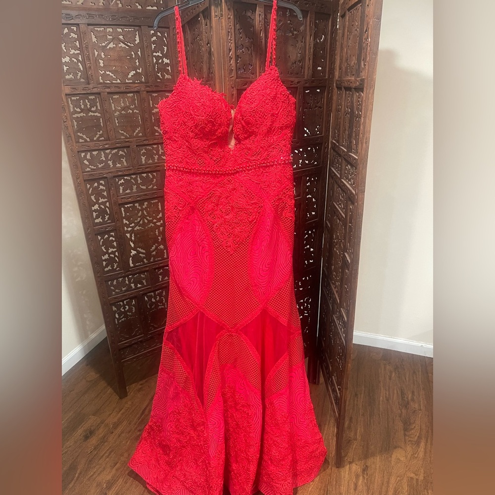 Mac Duggal Red Lace Maxi Dress